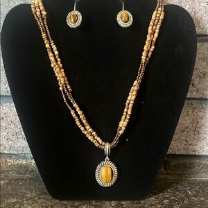 Vintage AVON tigers eye and wood bead necklace and earring set